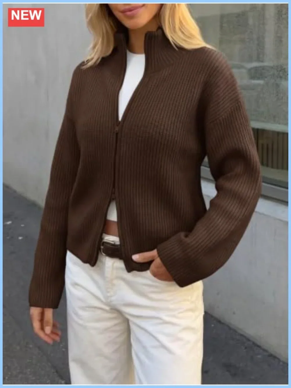 Chunky Ribbed Knit Zip Up Cardigan Mock Neck Long Sleeve Sweater Jacket